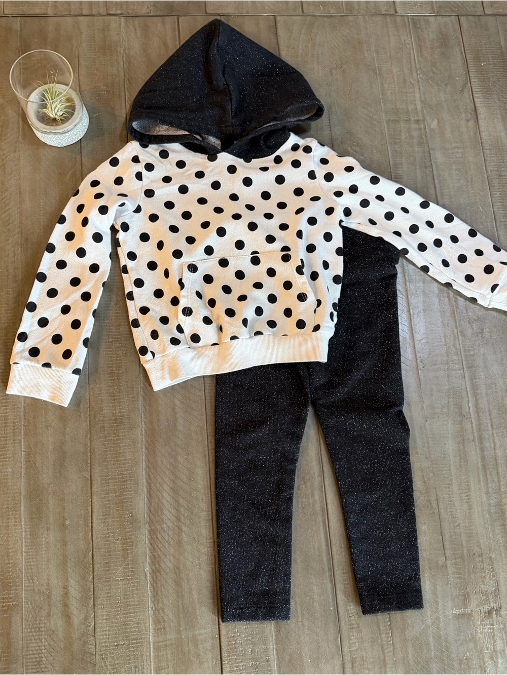 Tucker + Tate Black Polka Dot Hooded Matching Set with Silver Metalic Accents